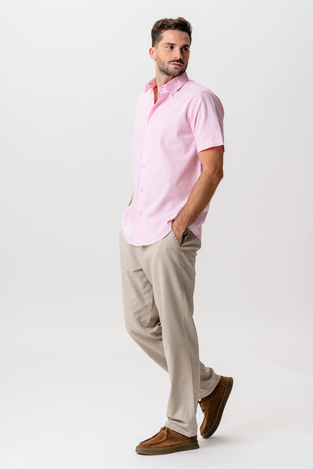 Kurzärmliges Leinenhemd – Hellrot