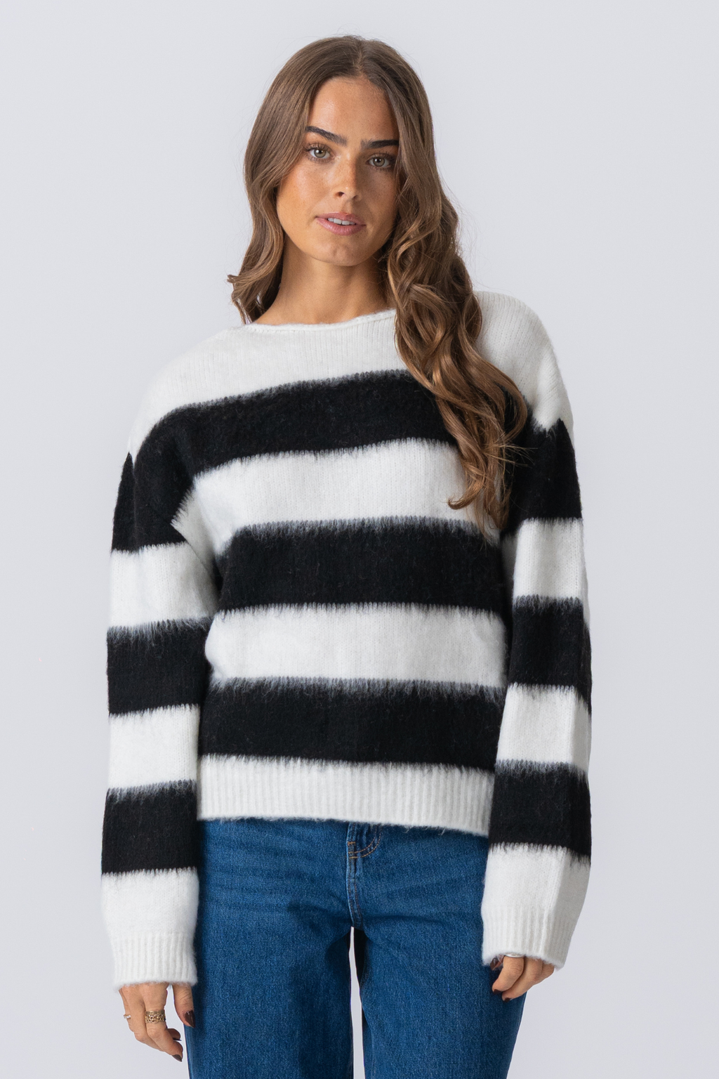 Celina Striped Strick Sweater - Weiß/Schwarz