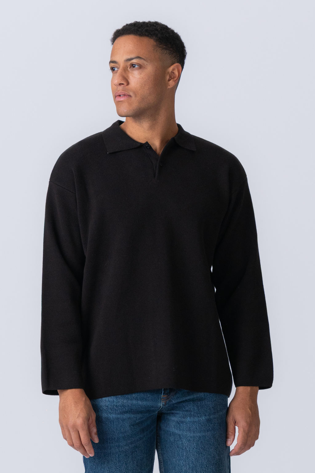 Gestricktes Langarm Polo - Schwarz
