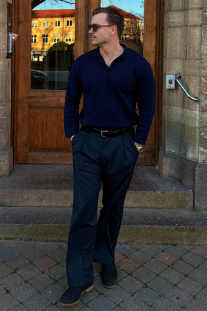 Gestrickte Langarmpolo - Marine