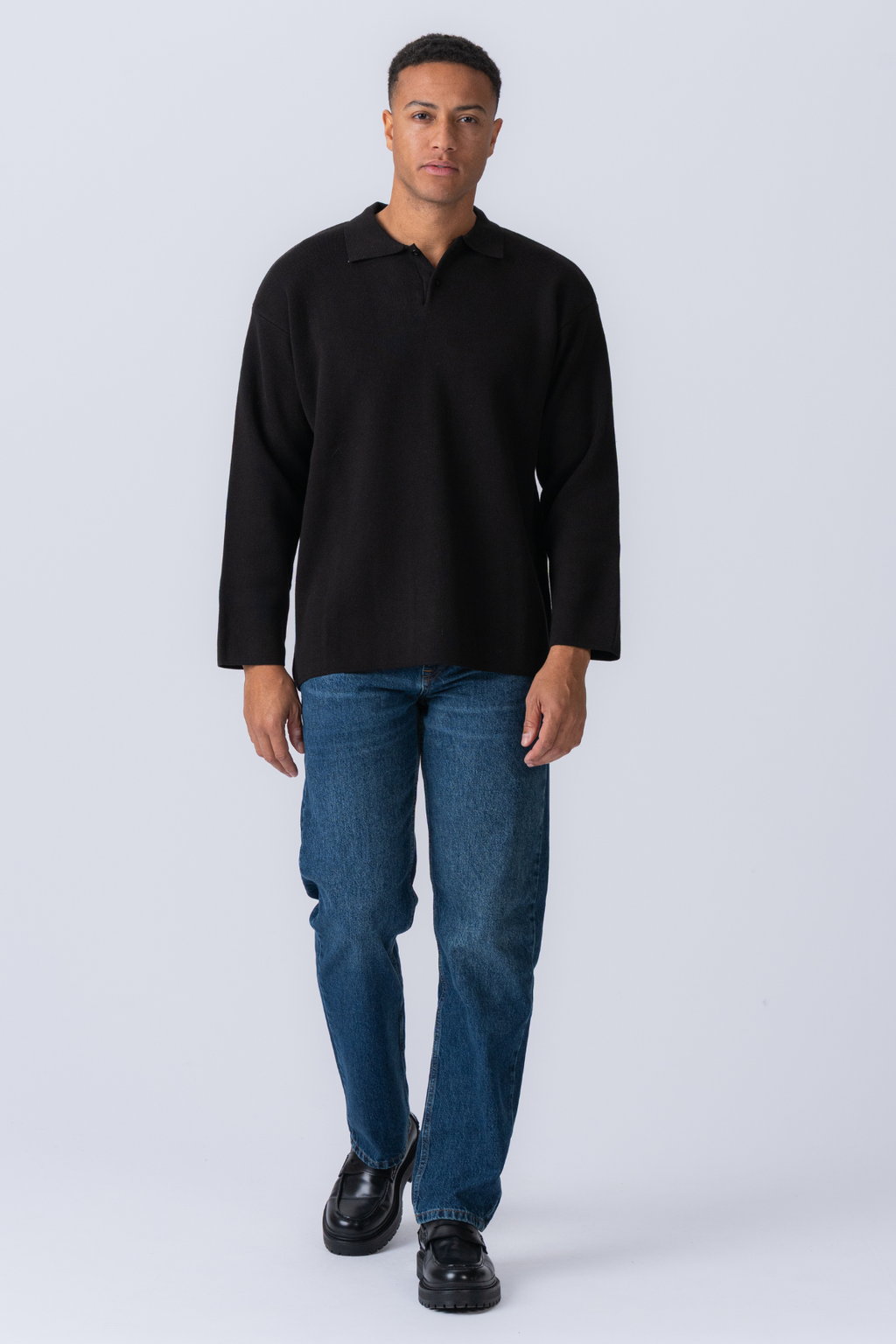 Gestricktes Langarm Polo - Schwarz