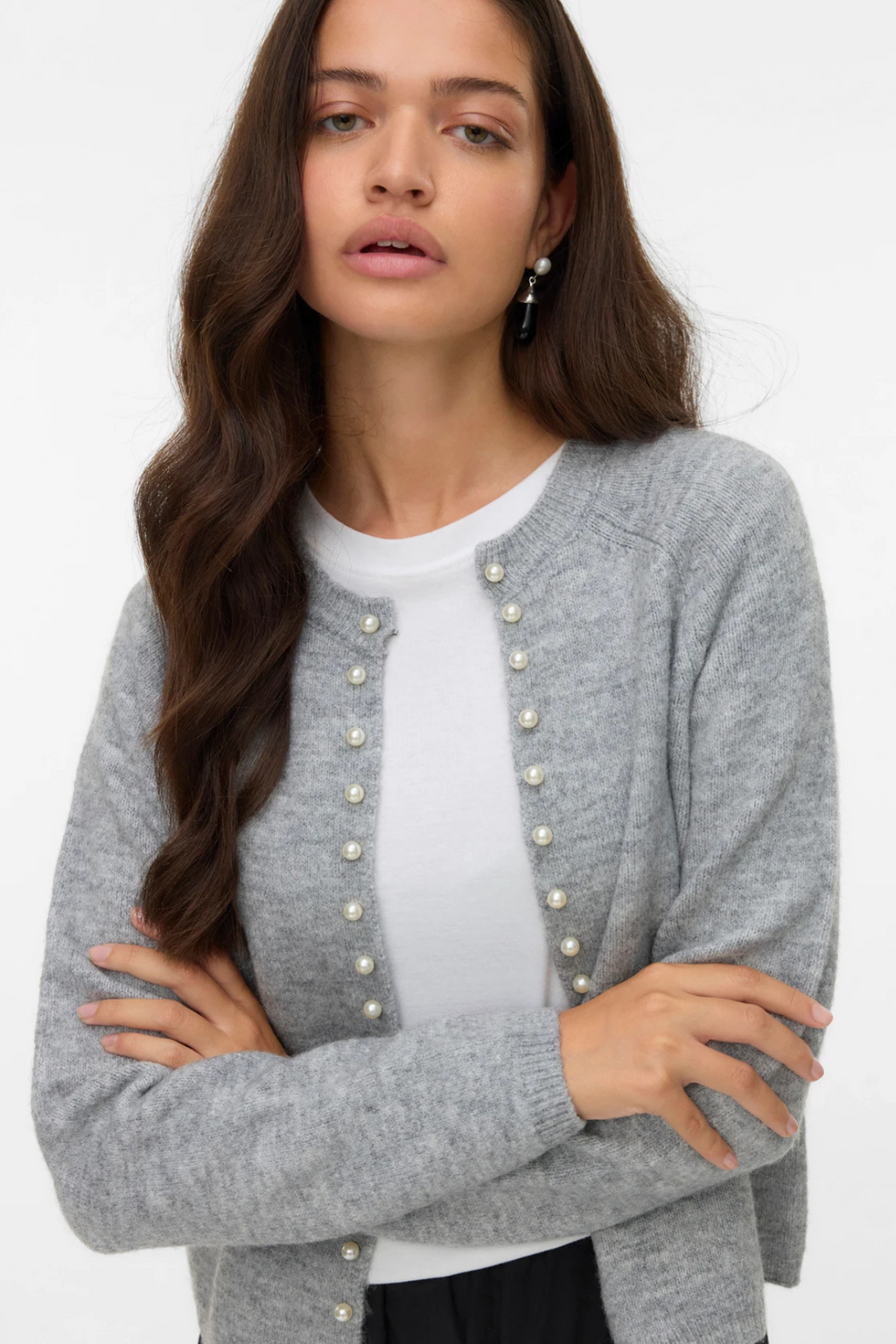 Magalene O -Neck Pearl Cardigan - mittelgrauer Melange