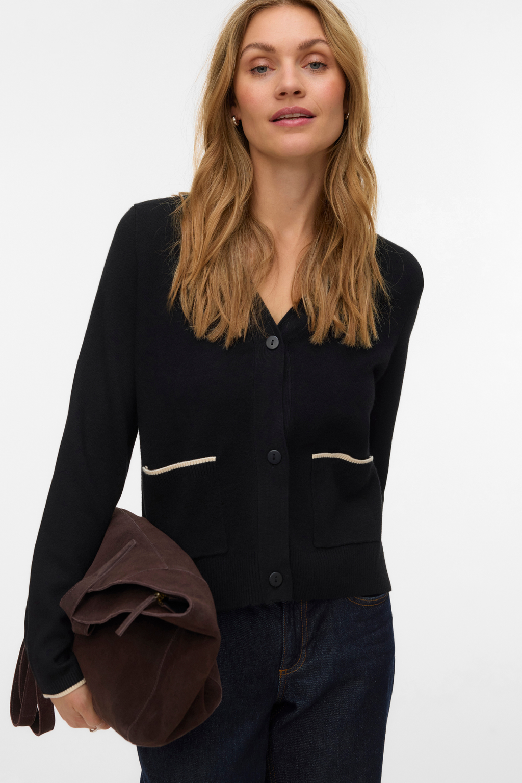 Goldfarbener Kontrast-Cardigan mit V-Ausschnitt - Schwarz W. Birke