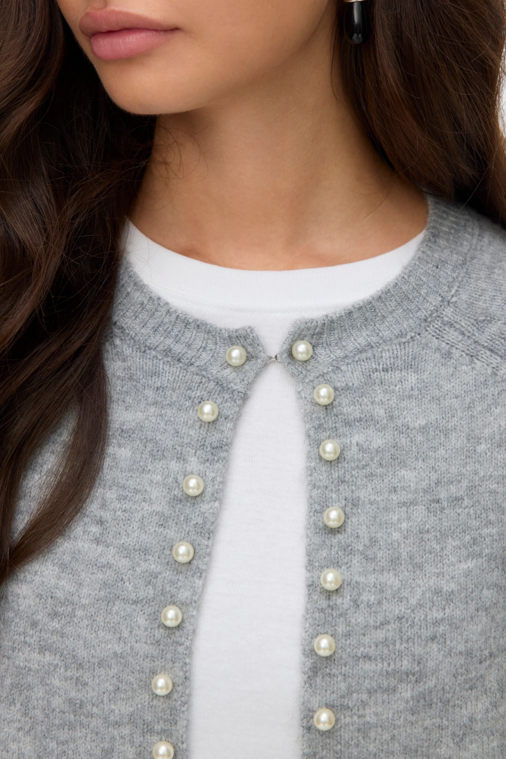 Magalene O -Neck Pearl Cardigan - mittelgrauer Melange