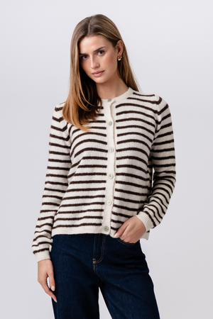 Gestreifter Crizette-Strick-Cardigan – gebrochenes Weiß/Braun