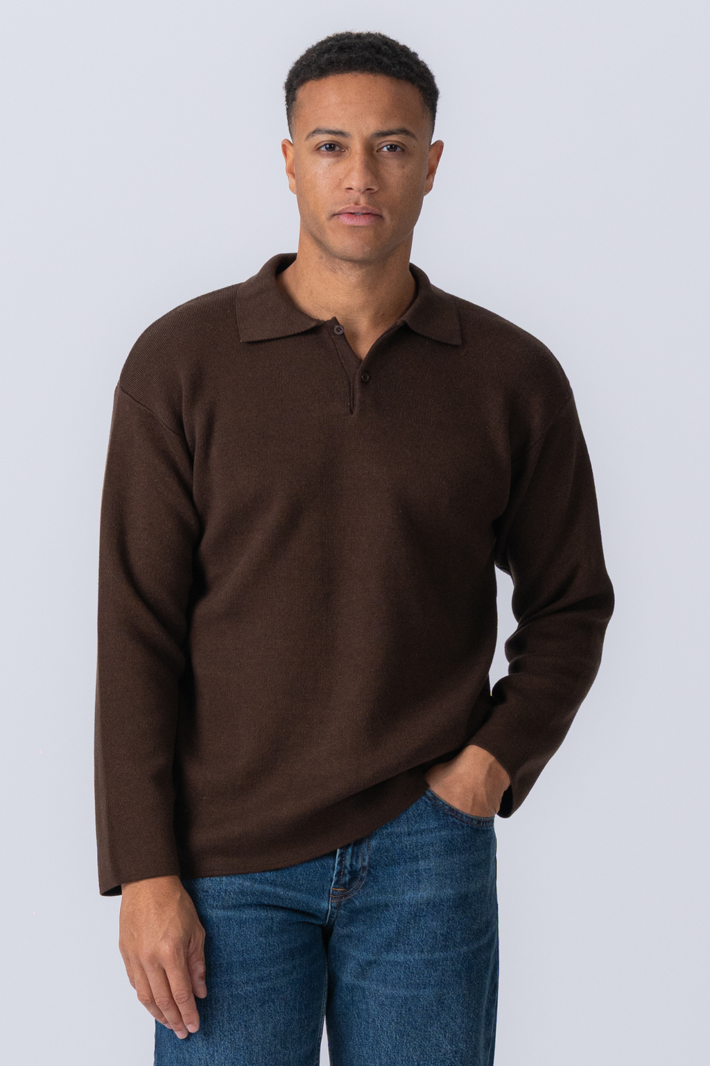 Gestricktes Langarm Polo - hellbraun