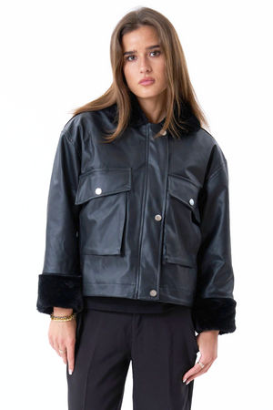 Faux Leder -Schearling -Jacke - Schwarz