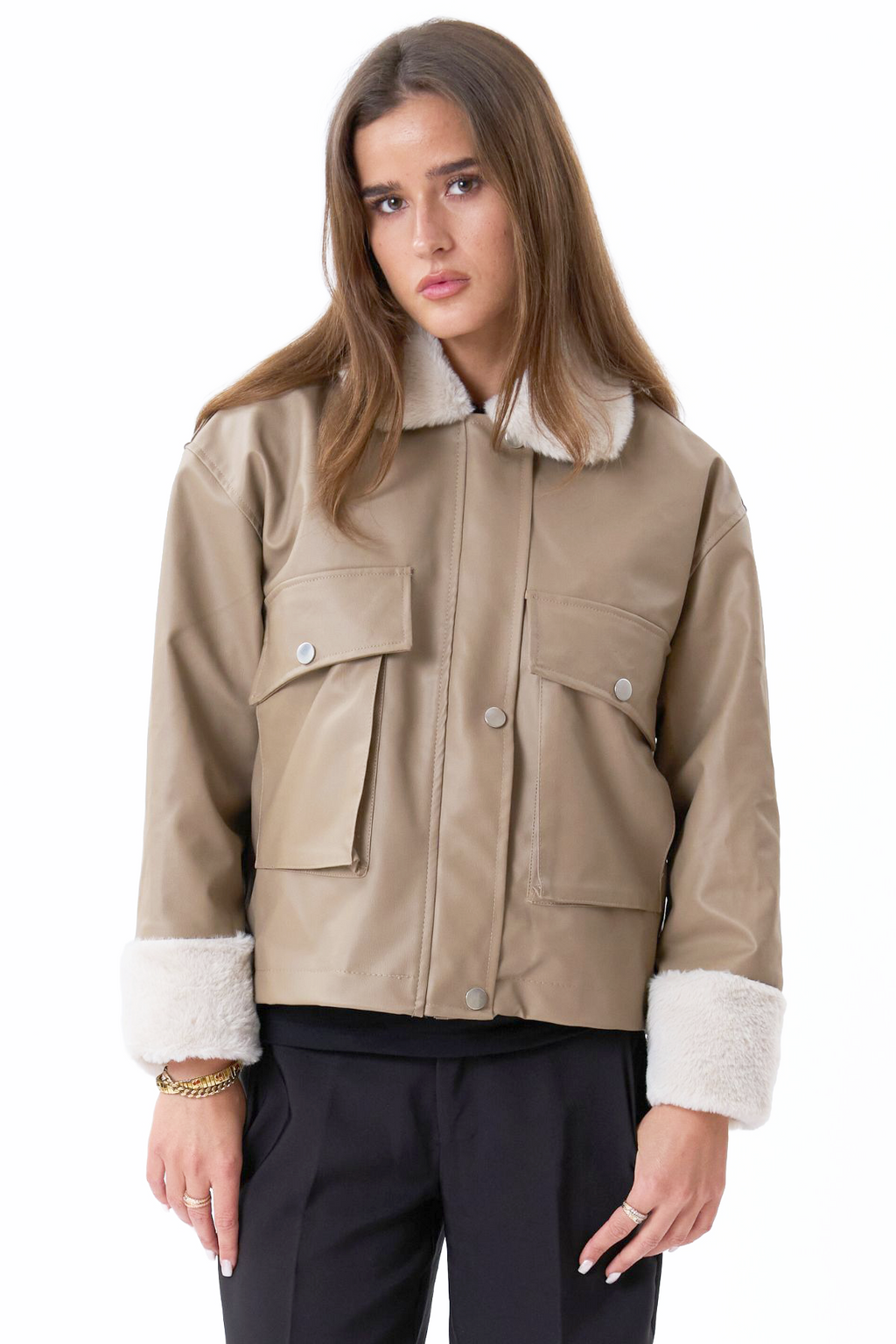Faux Leder -Scherlingjacke - Beige