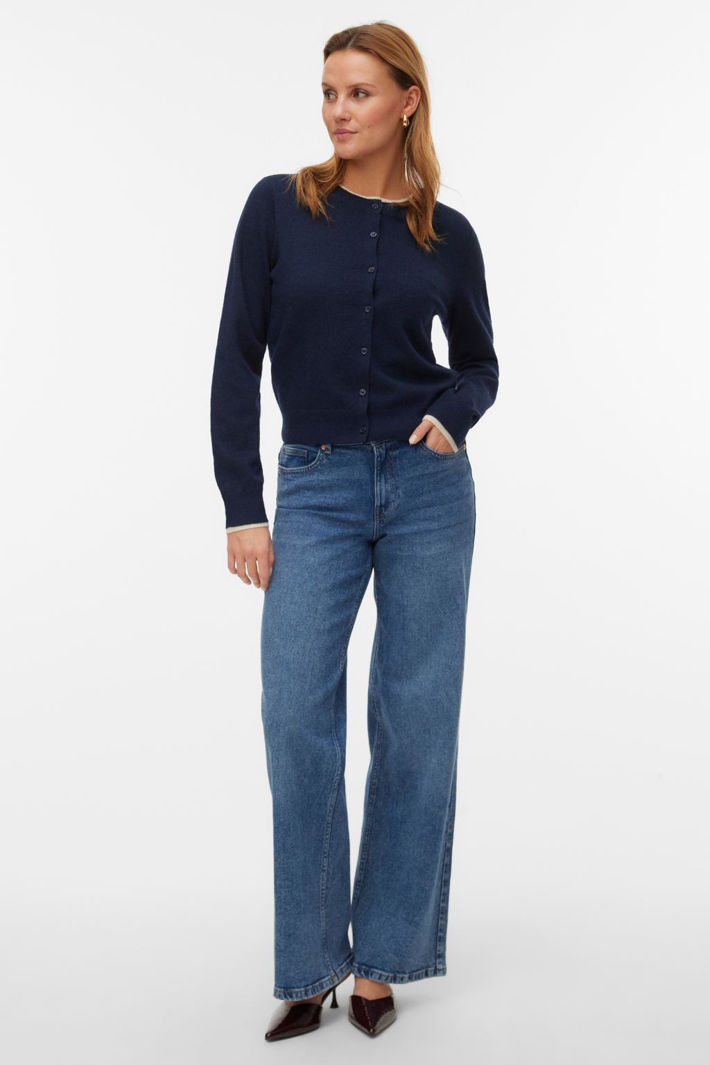 Wundervoller Cardigan mit O-Ausschnitt – Marineblauer Blazer m. Birke