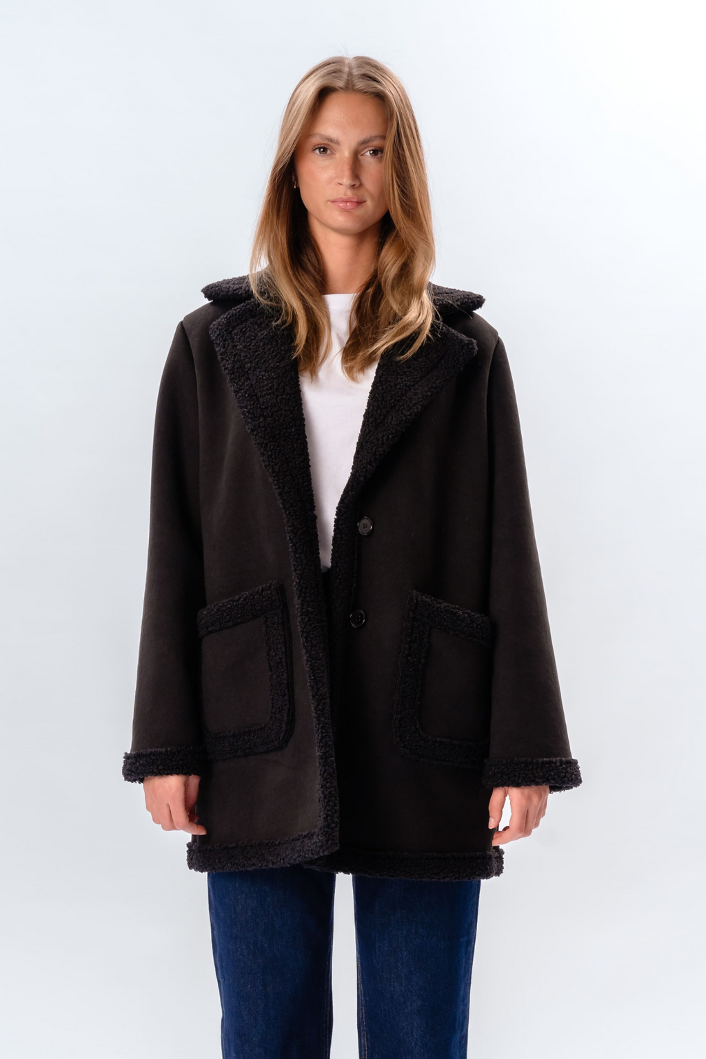 Shearling Mantel - Schwarz