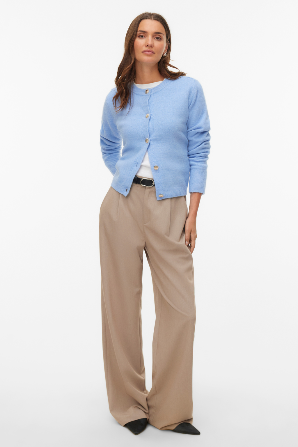 Fiona Short Button Cardigan – Brunnera Blue Melange