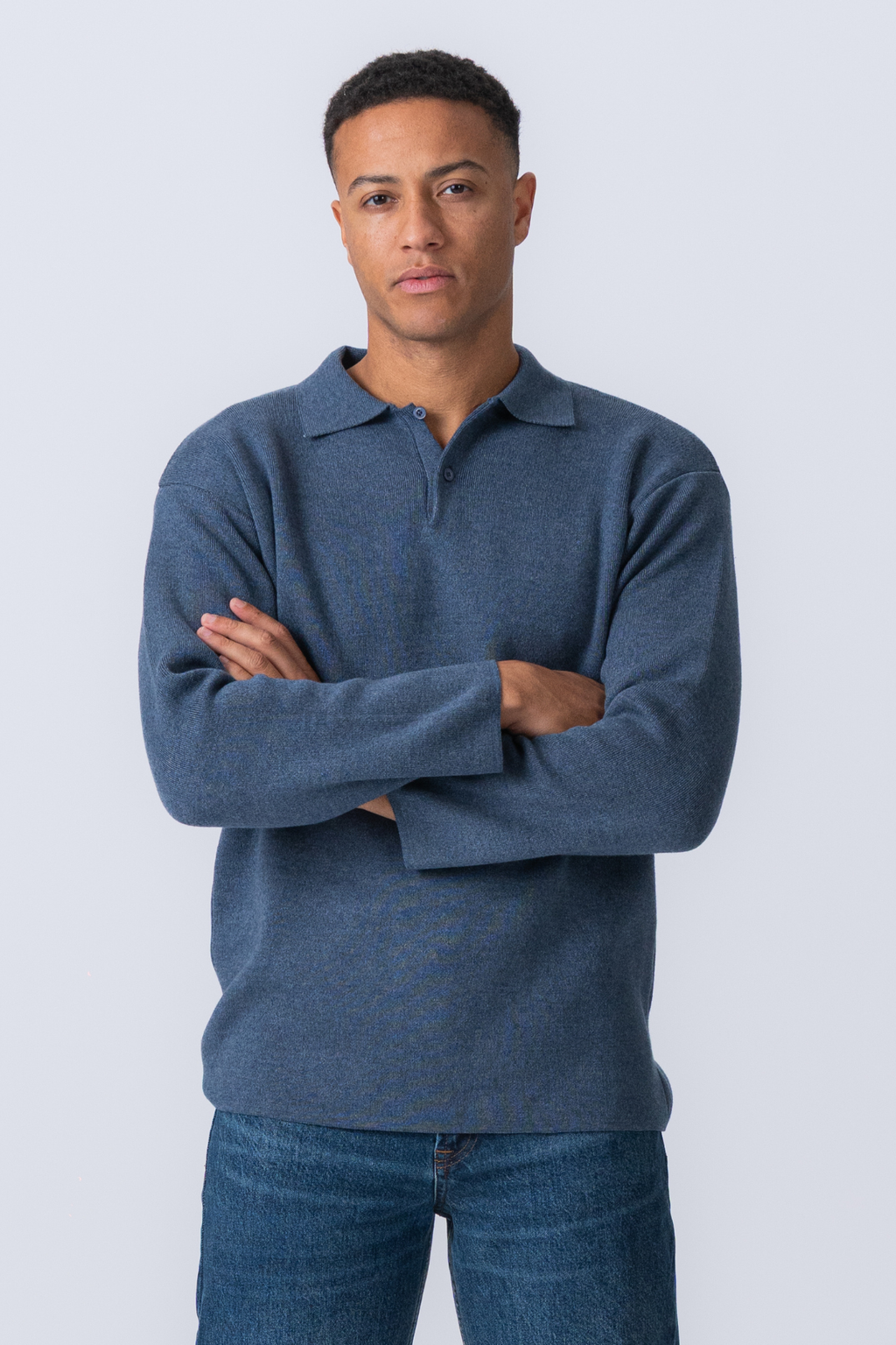 Gestricktes Langarm Polo - Ozeanblau