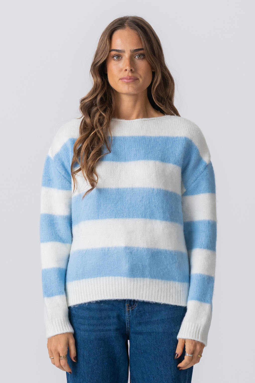 Celina gestreifte Strickpullover - Weiß/Himmelblau