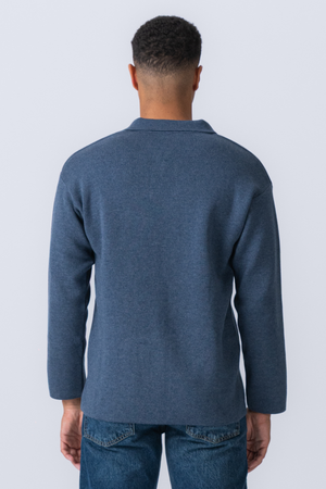 Gestricktes Langarm Polo - Ozeanblau