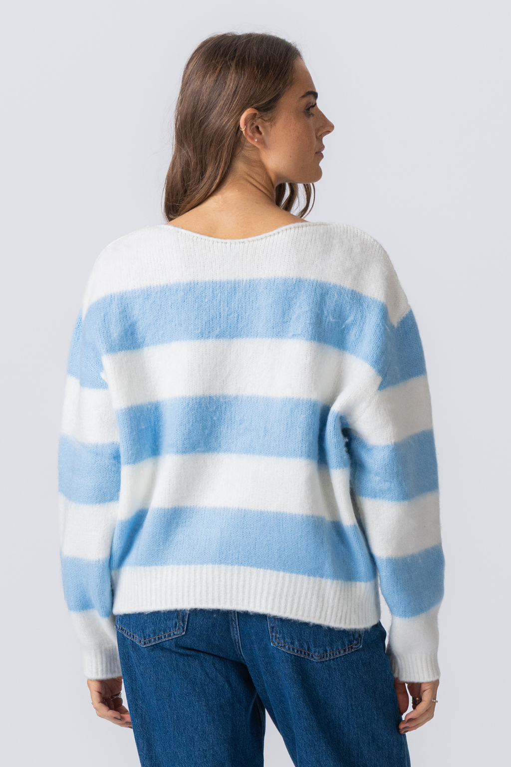 Celina gestreifte Strickpullover - Weiß/Himmelblau