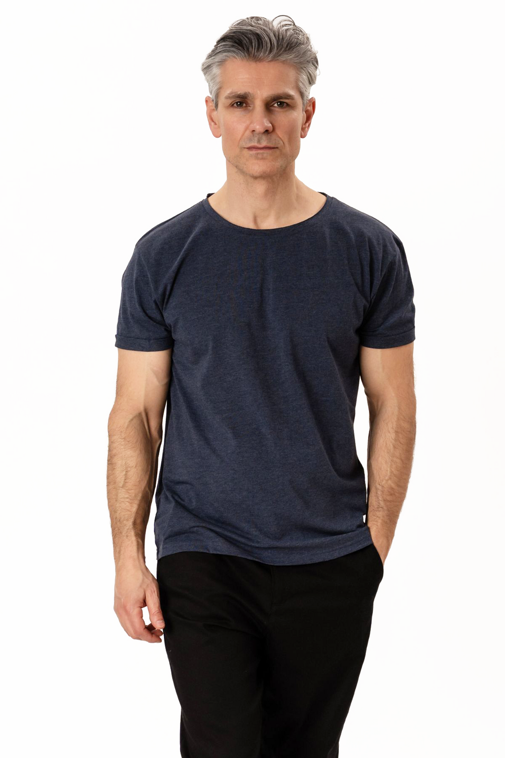T-Shirt mit tiefem Ausschnitt – Blau meliert