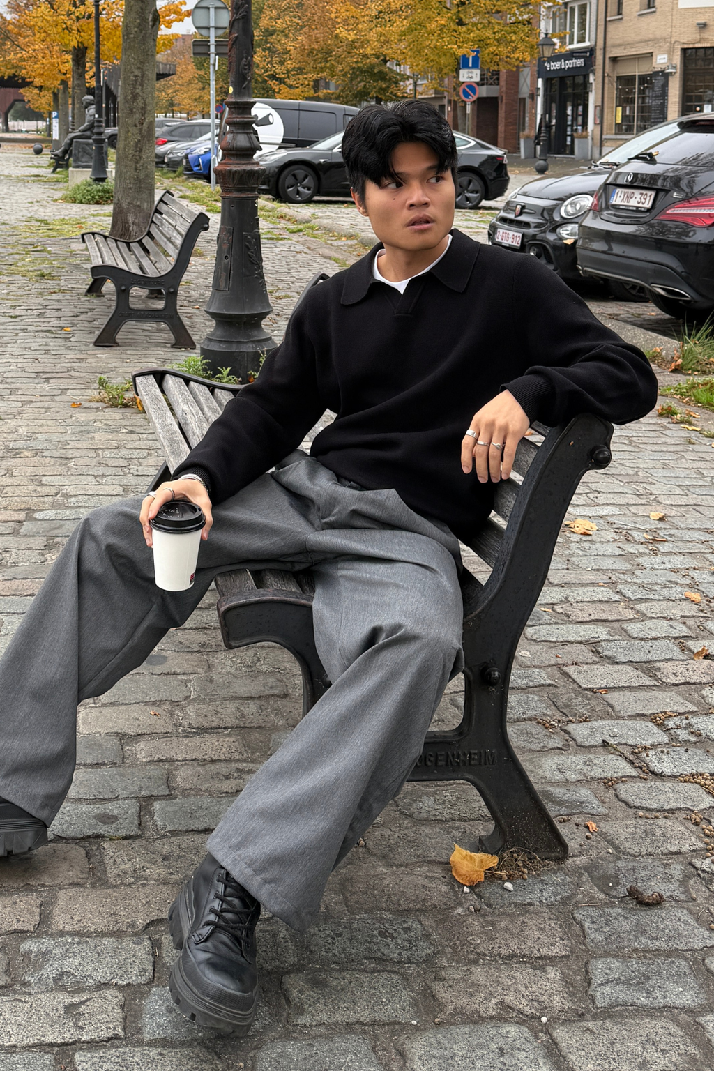 Gestricktes Langarm Polo - Schwarz