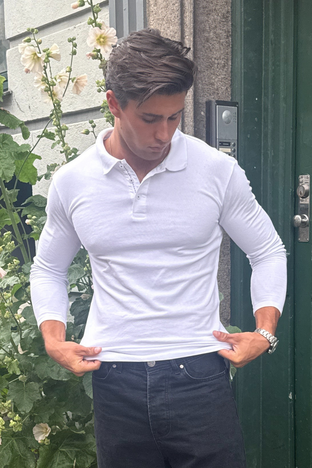 Muscle Langarm -Polo -Hemd - Weiß