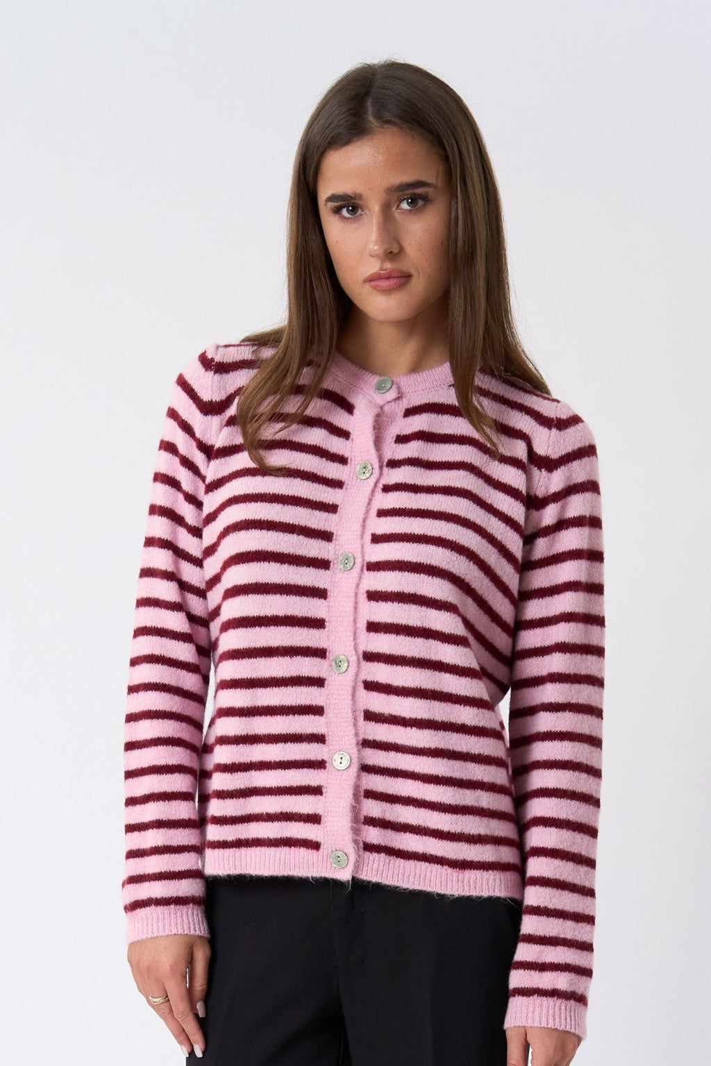 Gestreifter Crizette-Strick-Cardigan – Rosa/Burgund