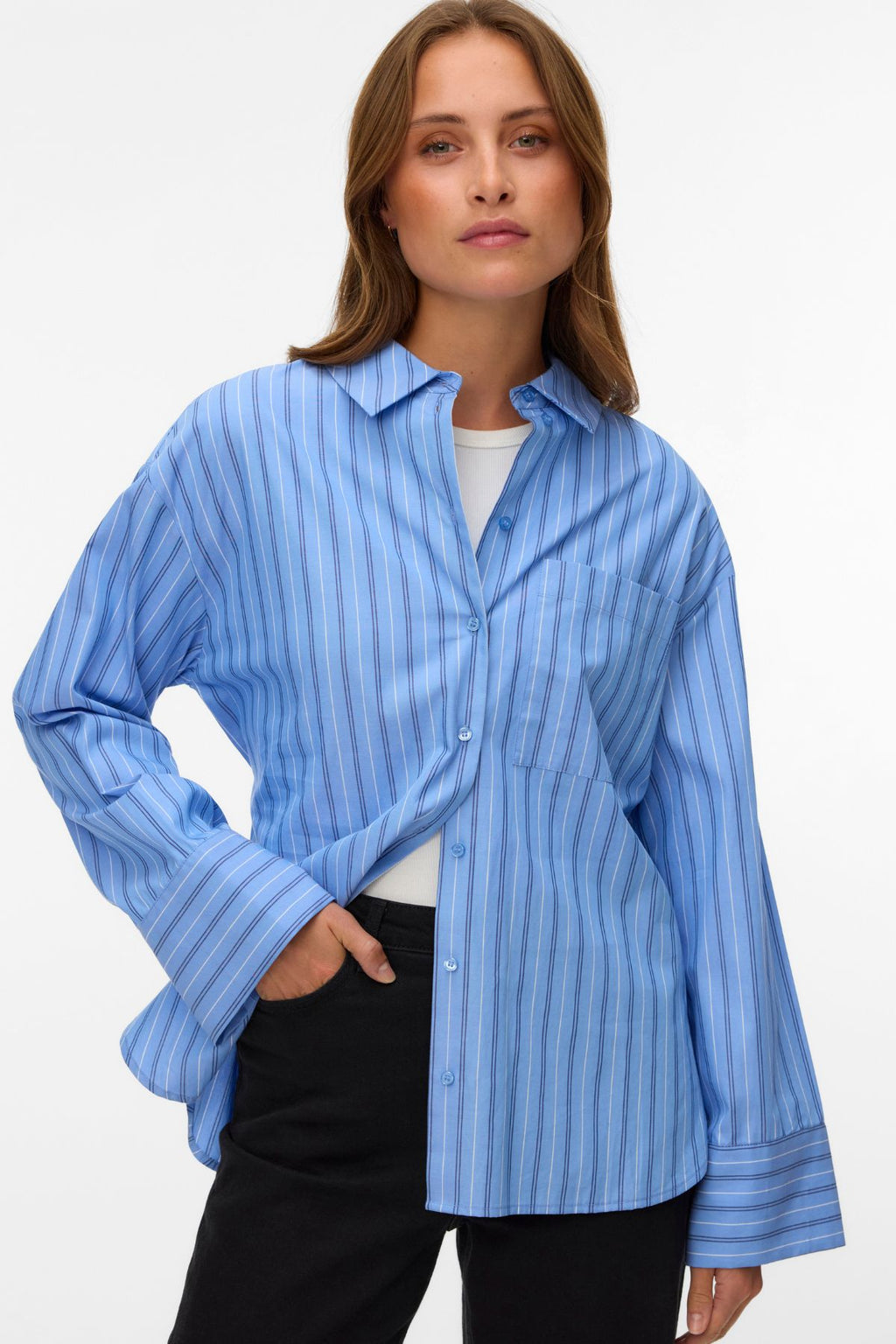 Gina-Gürtelhemd – Provence-Streifen: Marineblau, Pfingstrose/Schneewittchen