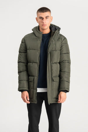 Lange Pufferjacke - Olive