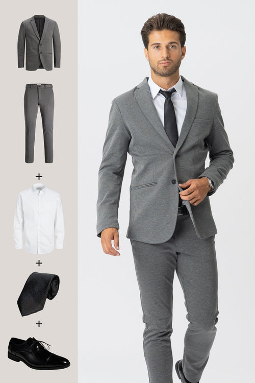 The Original Performance Suit (Dark Grey Melange) + Shirt, Tie & Derby Shoes - Package Deal - TeeShoppen Group™